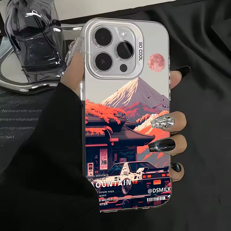 Fashion Car Snow Mountain Electroplate Silver IMD Phone Case for Iphone 15 14 13 12 11 16 Pro Max 7 8 plus X XS Shockproof Cover